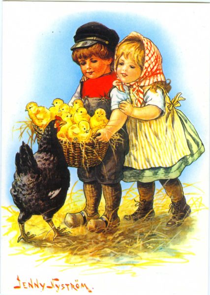 illustration på en pojke och flicka bärandes på en korg fylld med kycklingar