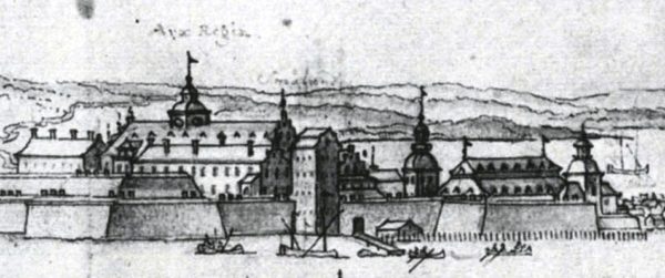 En svartvit målning av Jönköpings slott