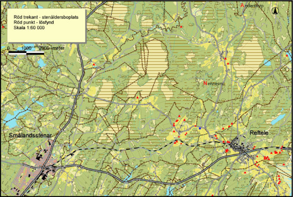 Översiktskarta av stenåldersboplatser kring Reftele.