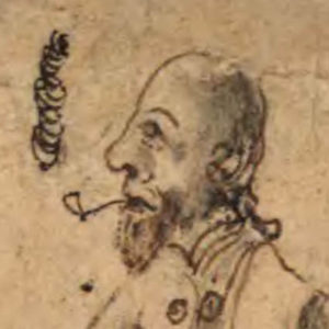 Illustration på en person som röker pila. Denna har skägg och inte så mycket hår på huvudet.