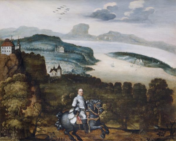 Greve Per Brahe d:y i sin slottstriangel med Brahehus åt vänster i bilden, Västanå längre bort och Visingsborg på Visingsö åt höger i bilden