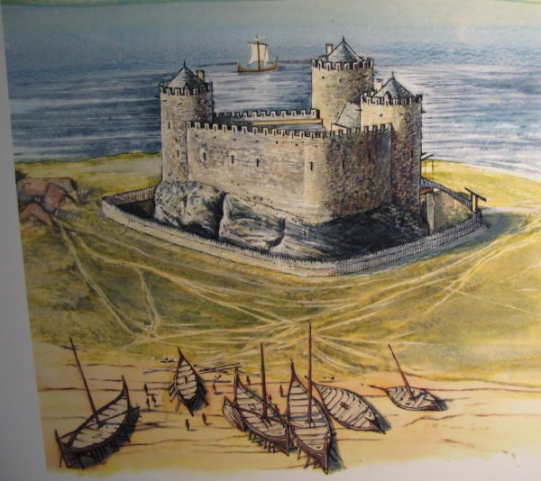 Illustration över fästningen Dunstaffnage på sin märkliga svarta klippa.
