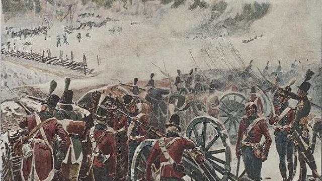 Målning av slaget vid Lier 1808. Flera soldater står och skjuter. Kanoner med hjul står här och där.