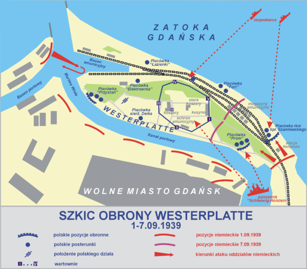 Karta över saker av intresse under slaget om Westernplatte.