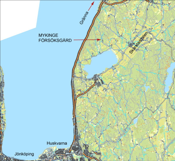Karta över Vätterns södra del. Jönköpings syns längst ned, Mykinge försöksgård finns markerat till höger.