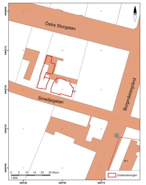 Karta över undersökningsområdet i kvarteret Almen.