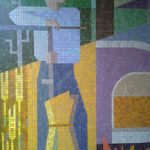 Mosaikmålningen skildrar de tre viktiga näringarna, lant-, glas- och skogsbruk.