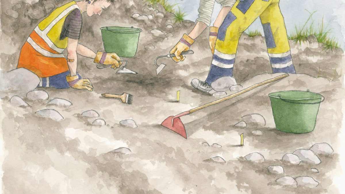 Illustration där två arkeologer gräver.