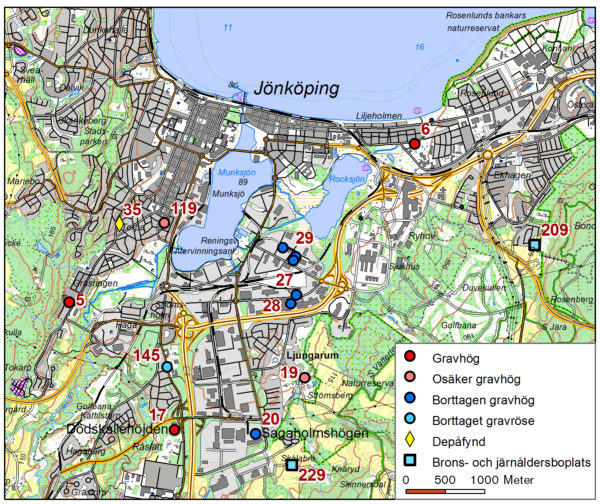 Karta över Jönköping med markeringar för gravhögar.