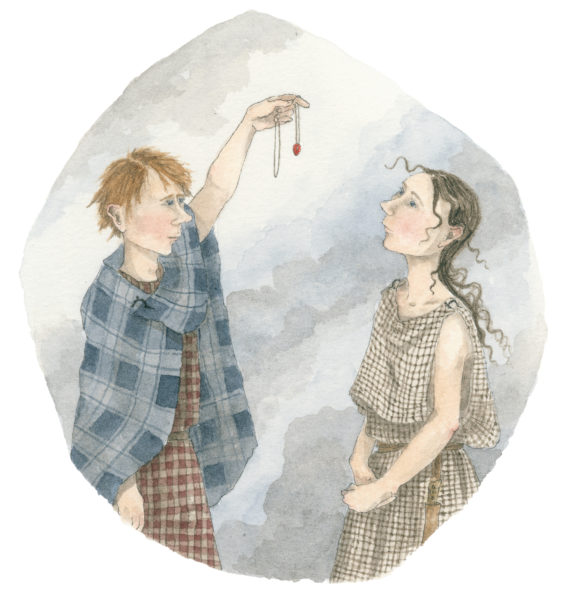 Illustration där en person håller upp ett smycke för den andra personen.