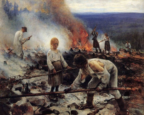 Målning av arbetare som tar hand om elden som pågår. En flicka tittar mot åskådaren och ser eländig ut.