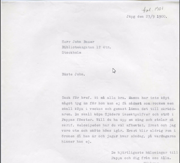 En avskrift av ett brev ur John Bauers brevsamling
