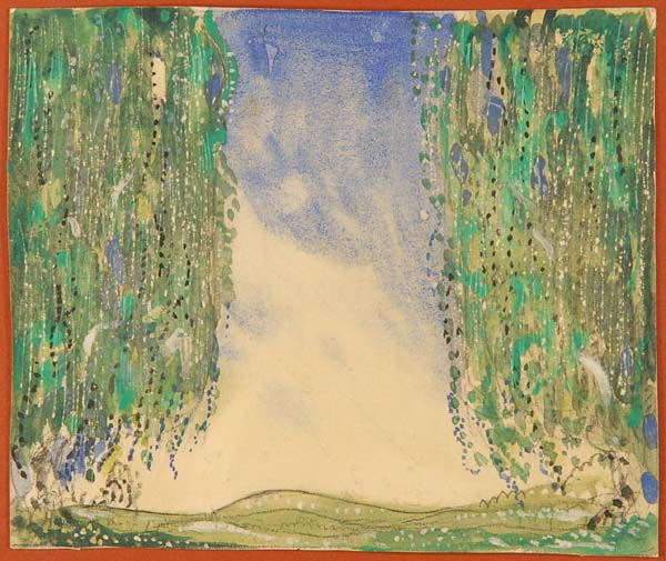 En grön äng. På sidorna av bilden står två träd med långa gröna kvistar.