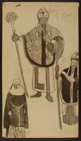 Målad bild på en man i ett vitt skynke. Mannen har en hatt med kors samt håller i en stav.