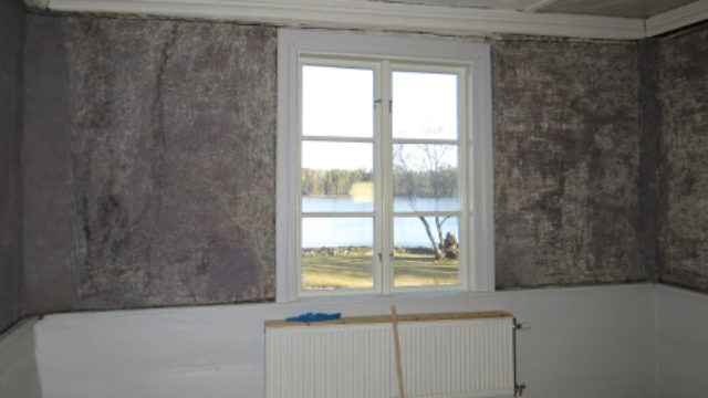 Grå vägg inomhus med fönster och utsikt mot en sjö.
