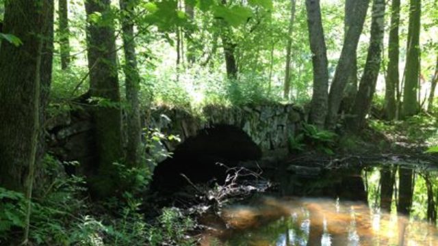En å rinner genom en tunnel. Tunneln är gjord av stenblock. Omkring står det träd med gröna blad.