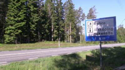 På andra sidan en bilväg syns en liten kulle och bakom den skog. I förgrunden syns en blåvit vägskylt med innehållet Rastplats Risbro, Informationsplats Hökensås 1 km.