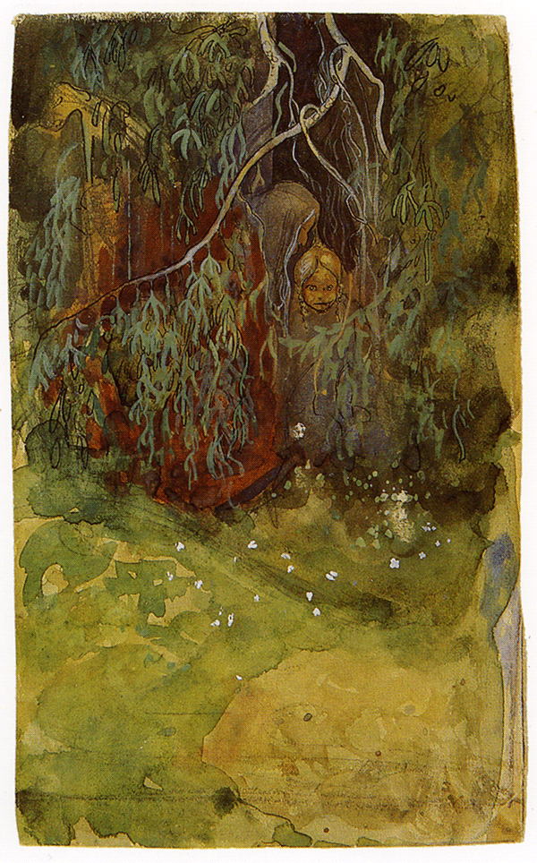 Målning i skogen. Bland träden tittar en flicka fram.
