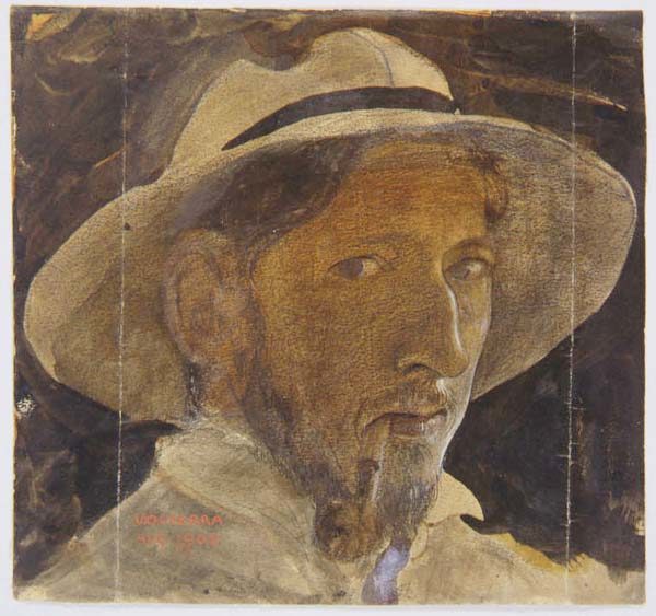 Målat porträtt av en man med skägg. Mannen har en hatt på huvudet och röker en pipa.