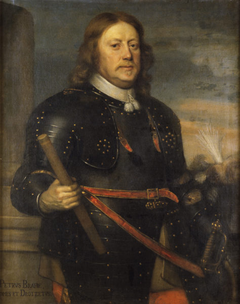Porträtt av Per Brahe, en allvarlig man med halvlångt hår, iklädd mörk rustning.