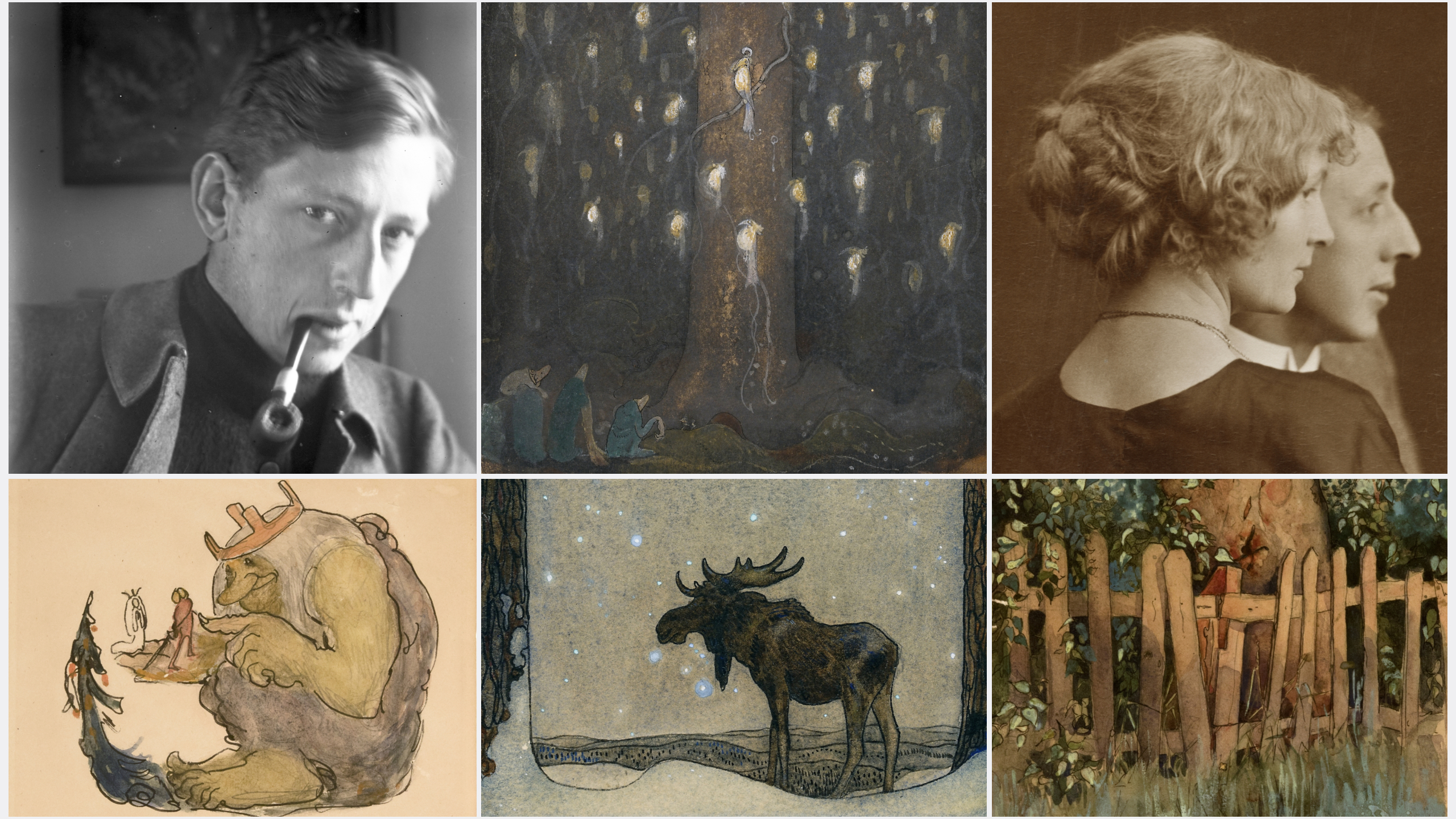 Ett collage av foton på John och Ester Bauer samt flera av John Bauers verk