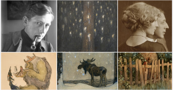 Ett collage av foton på John och Ester Bauer samt flera av John Bauers verk