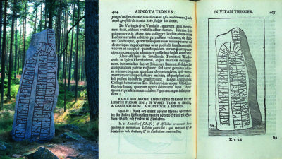 En runsten ute i skogen och ett bokuppslag med en tecknad runsten