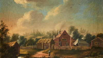En vy över en gård, målad i olja av Pehr Hillerström på 1700-talet