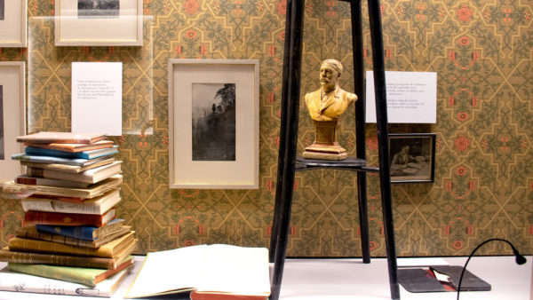 Foton och en statyett av Viktor Rydberg skymtar i utställningsmonter
