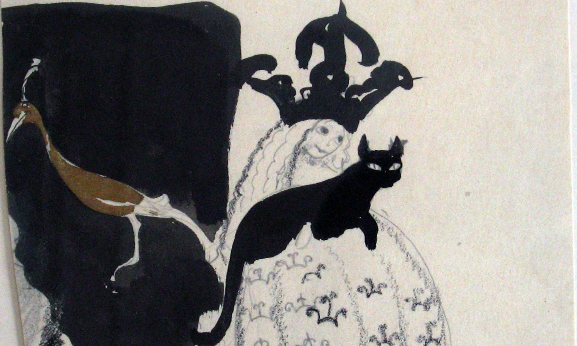 En skiss av John Bauer föreställande en prinsessa med en katt i knät och en fågel bredvid sig