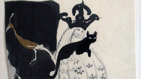En skiss av John Bauer föreställande en prinsessa med en katt i knät och en fågel bredvid sig