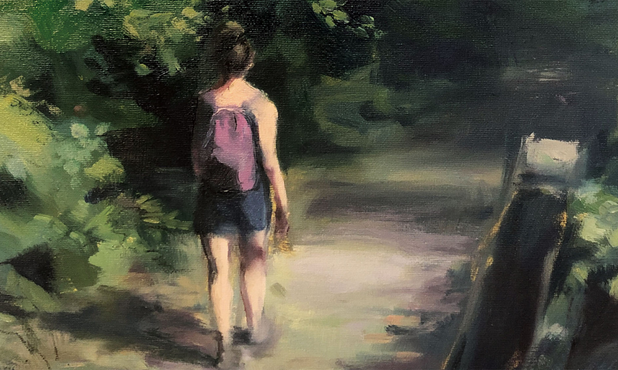 Utsnitt av en oljemålning som föreställer en tjej i linne och shorts som går på en skogsväg.