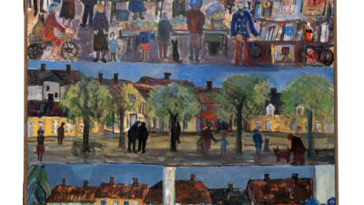 En högställd målning med tre sektioner där olika stadmiljöer och hus porträtteras.