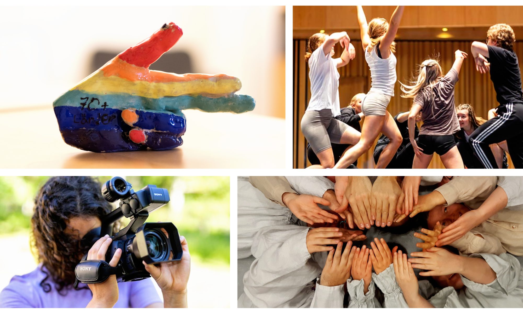 Ett collage av bilder med en ung tjej med kamera, flera unga i dans och rörelse, en regnbågsfärgad hand i keramik