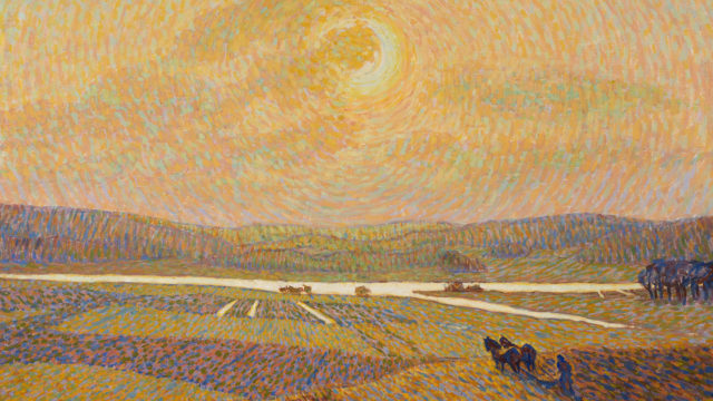 En målning föreställande ett jordbrukslandskap där solen står i centrum.