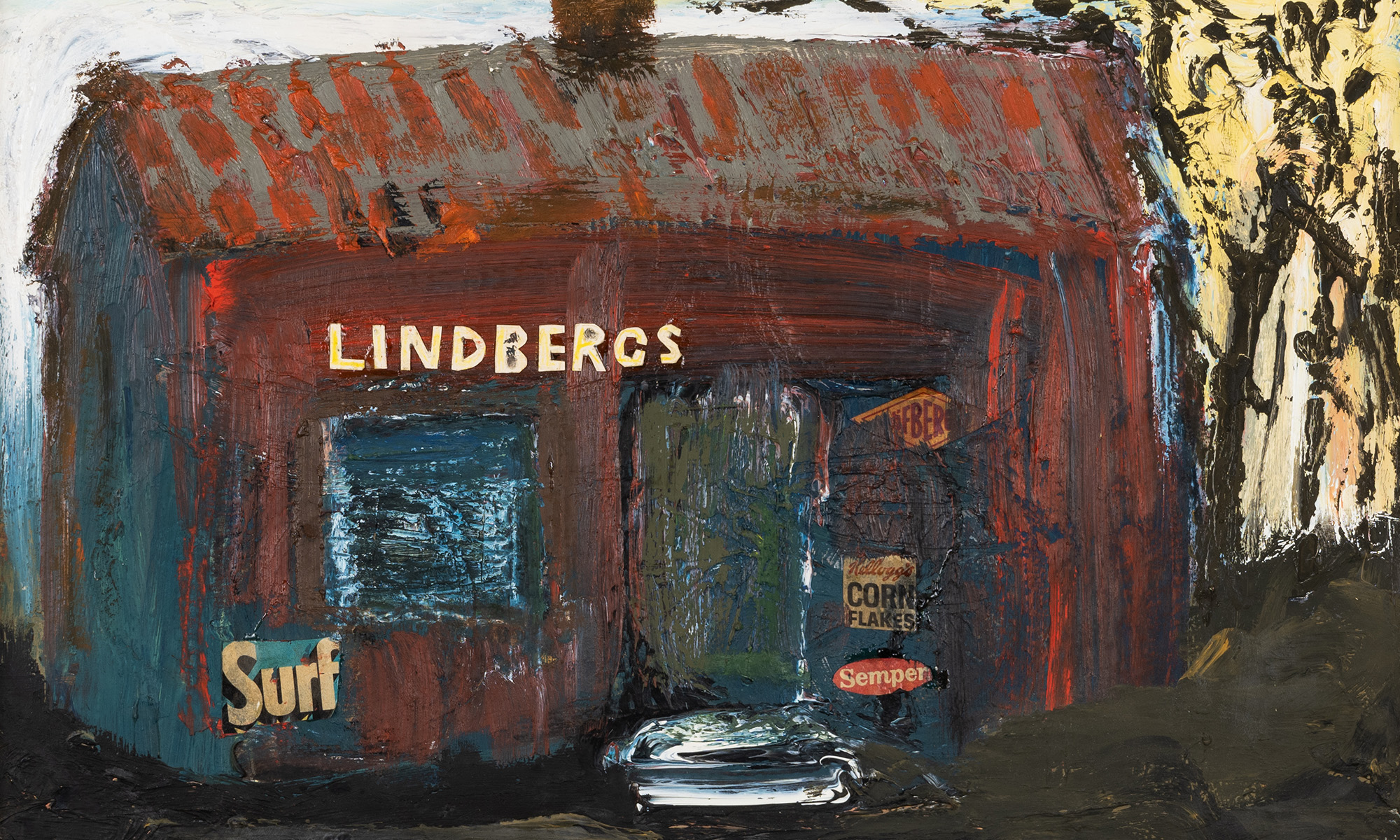 Målning med en röd byggnad med texten Lindbergs