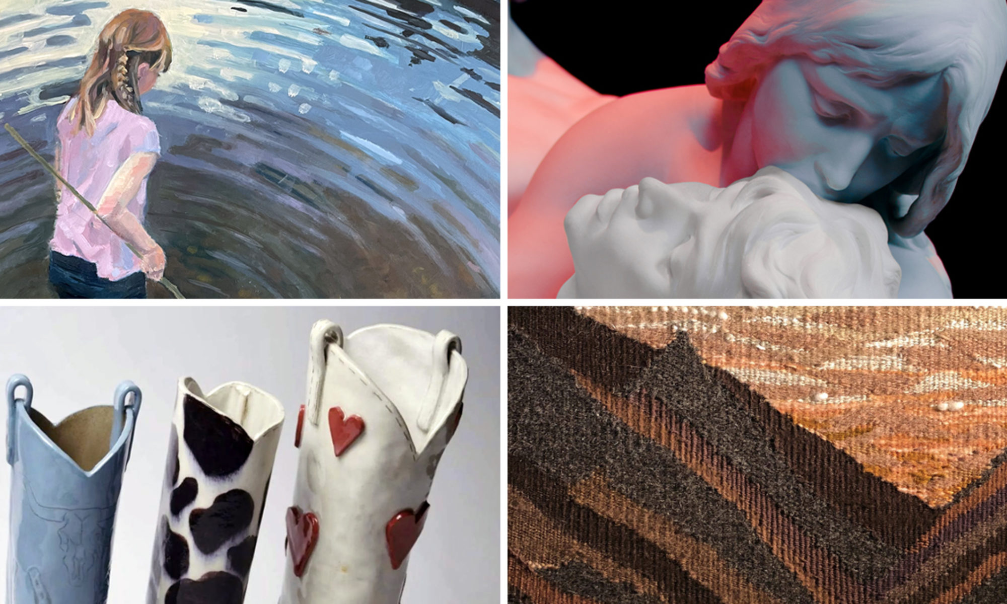 Ett collage med fyra olika bilder i olika tekniker - oljemålning, foto, keramik och textil
