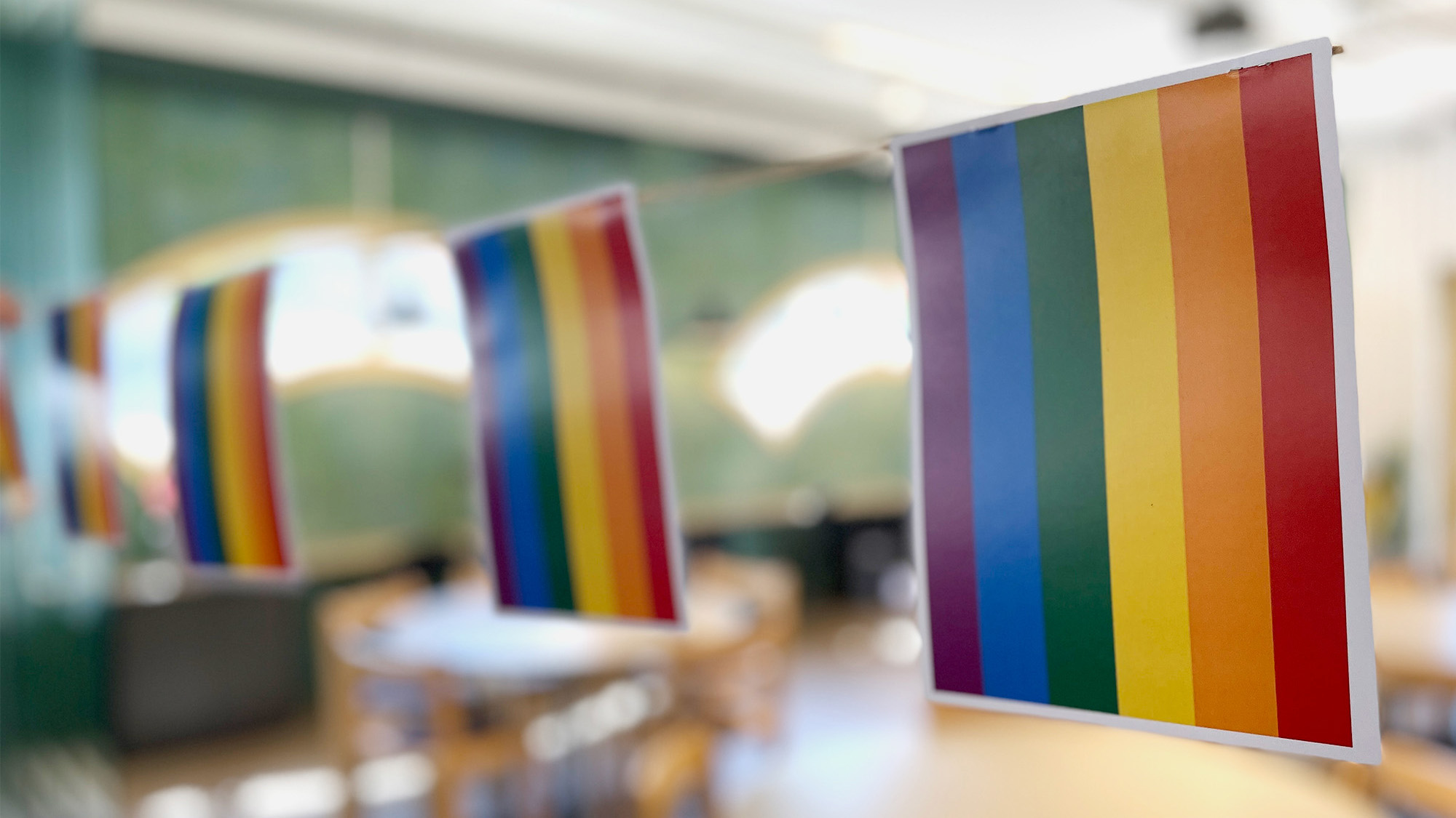 Regnbågsflaggor hänger på ett snöre. I bakgrunden anas en grön vägg och runda bord med stolar