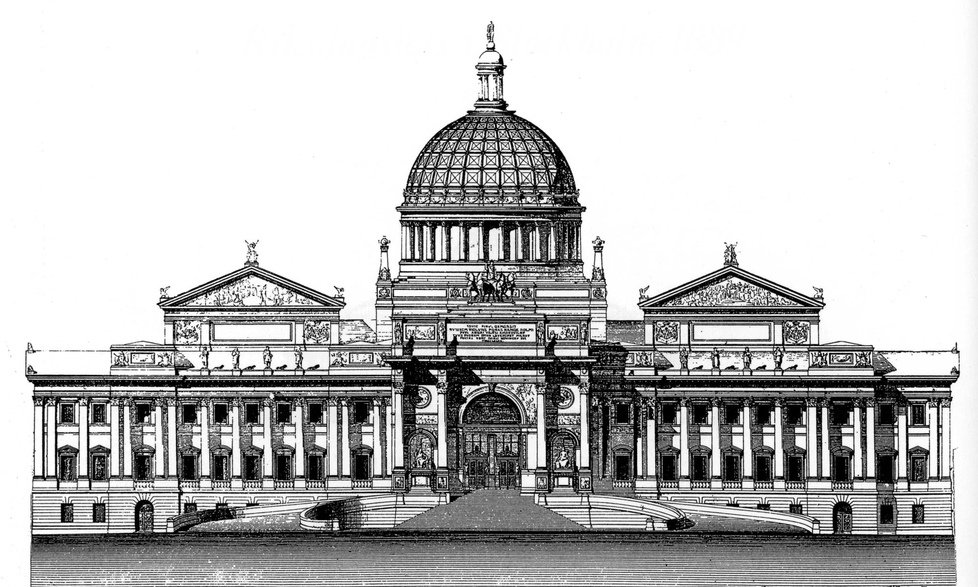 Ritad bild av ett hus med pelare och en rund kupol i mitten