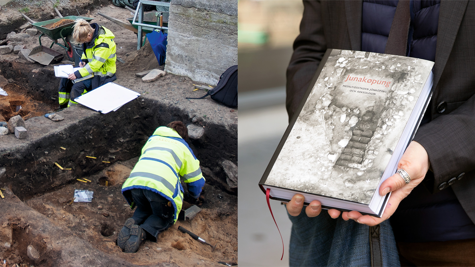 En tvådelad bild, den första delen visar två arkeologer i arbete vid en låg mur. Den andra händer som håller i en bok.