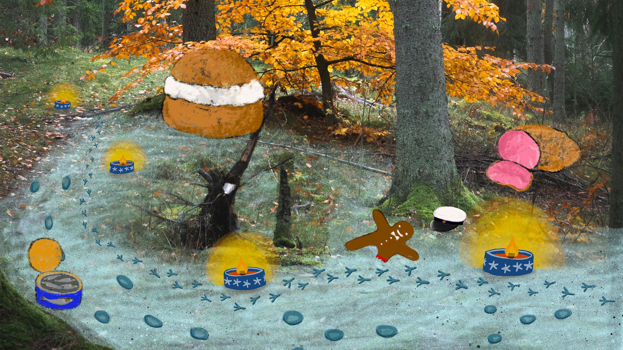 Tecknade bilder av en semla, pepparkaksgubbe, studentmössa och spår i snön är utplacerade i en skog
