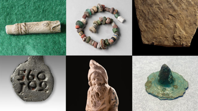 Ett collage av olika föremål som skaftet till en kritpipa, stenpärlor, en stenhäll med ristningar, en fibula, en tomte i keramik och en blyvikt