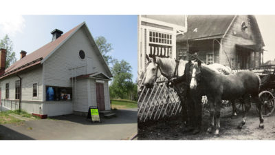 Ett collage med samma byggnad fotad 2023 och 1913.