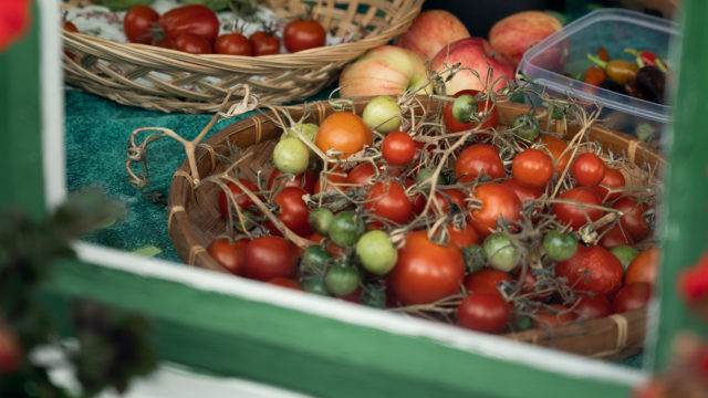 Stora klasar med tomater i olika färger ligger i en flätad korg