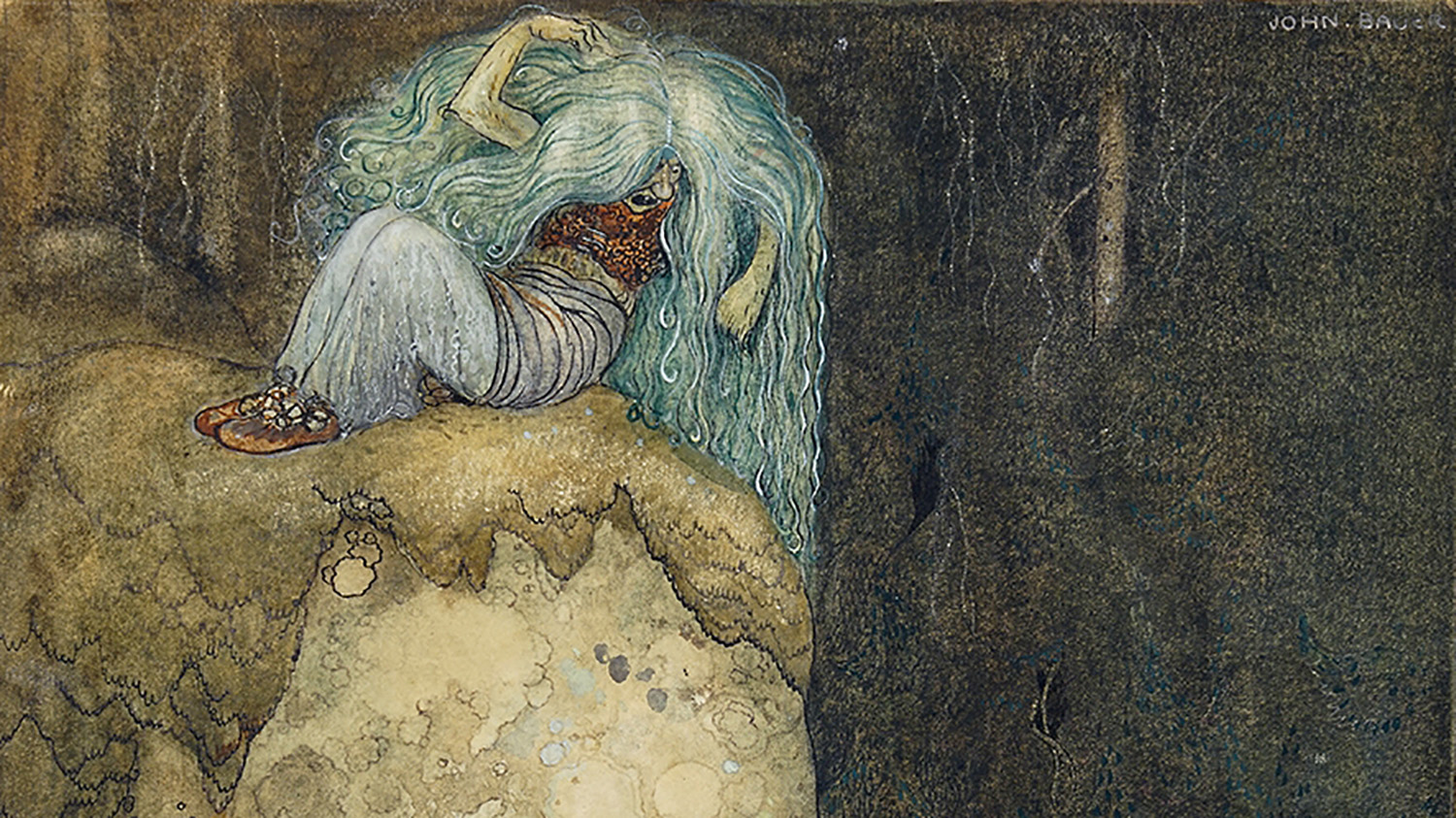 En trollpacka med blågrönt yvigt hår sitter på en mossig sten, hon blänger nedåt