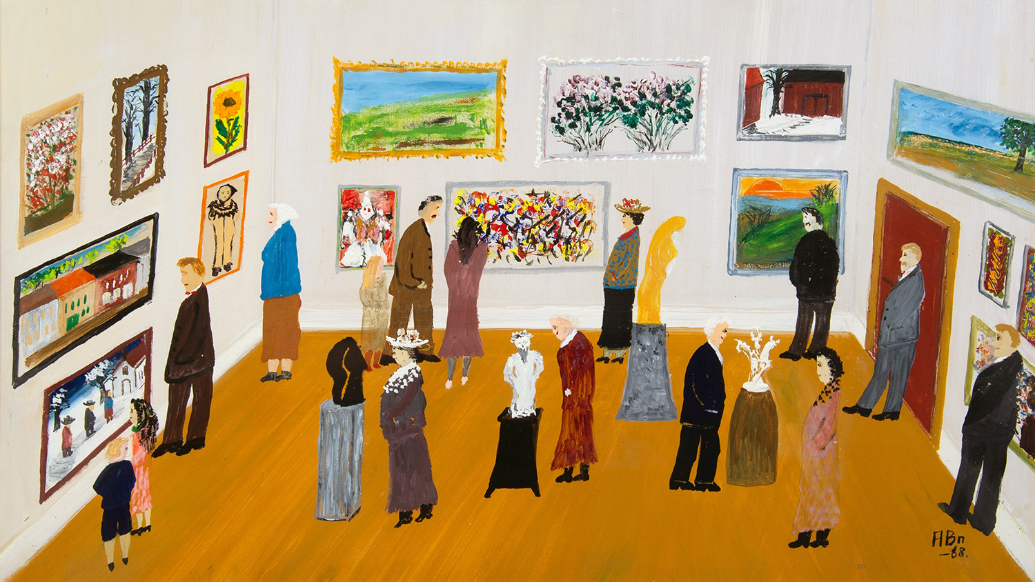 Ett naivt konstverk av Axel Bengtsson visar en utställningssal och många personer som tittar på konstverk