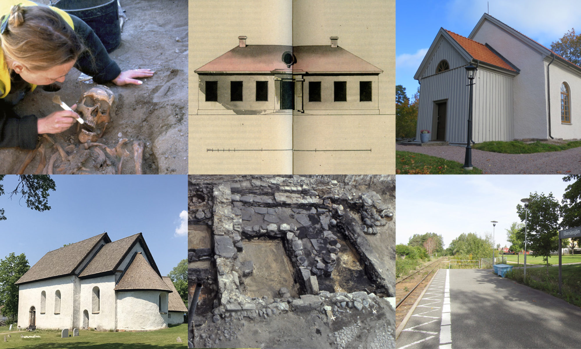 Ett collage av bilder med olika kyrkor, ett skelett, en äldre ritning av en byggnad och ett tågspår