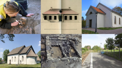 Ett collage av bilder med olika kyrkor, ett skelett, en äldre ritning av en byggnad och ett tågspår