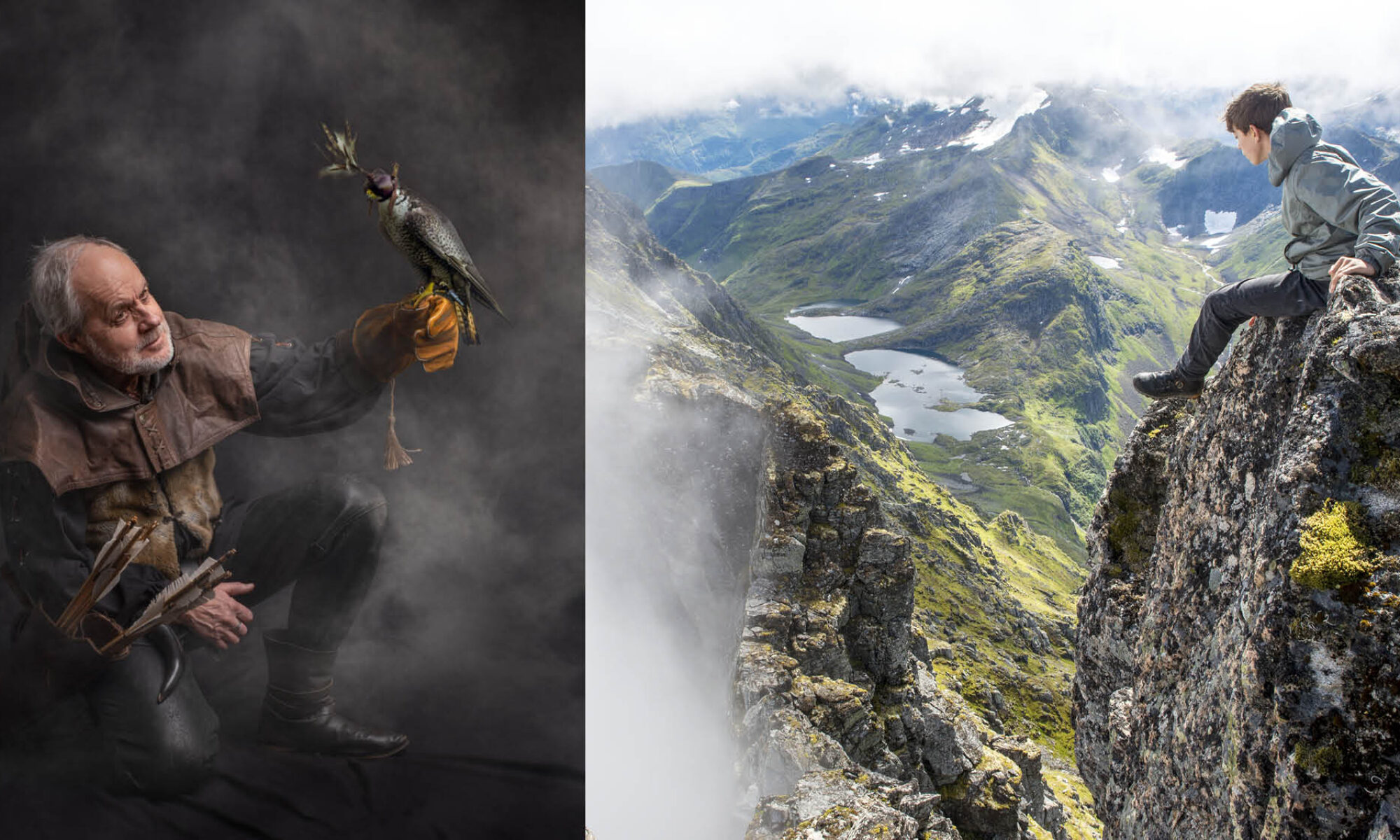 Man med handske och falk. En kille sitter högt uppe på ett berg och ser ut över en dal.