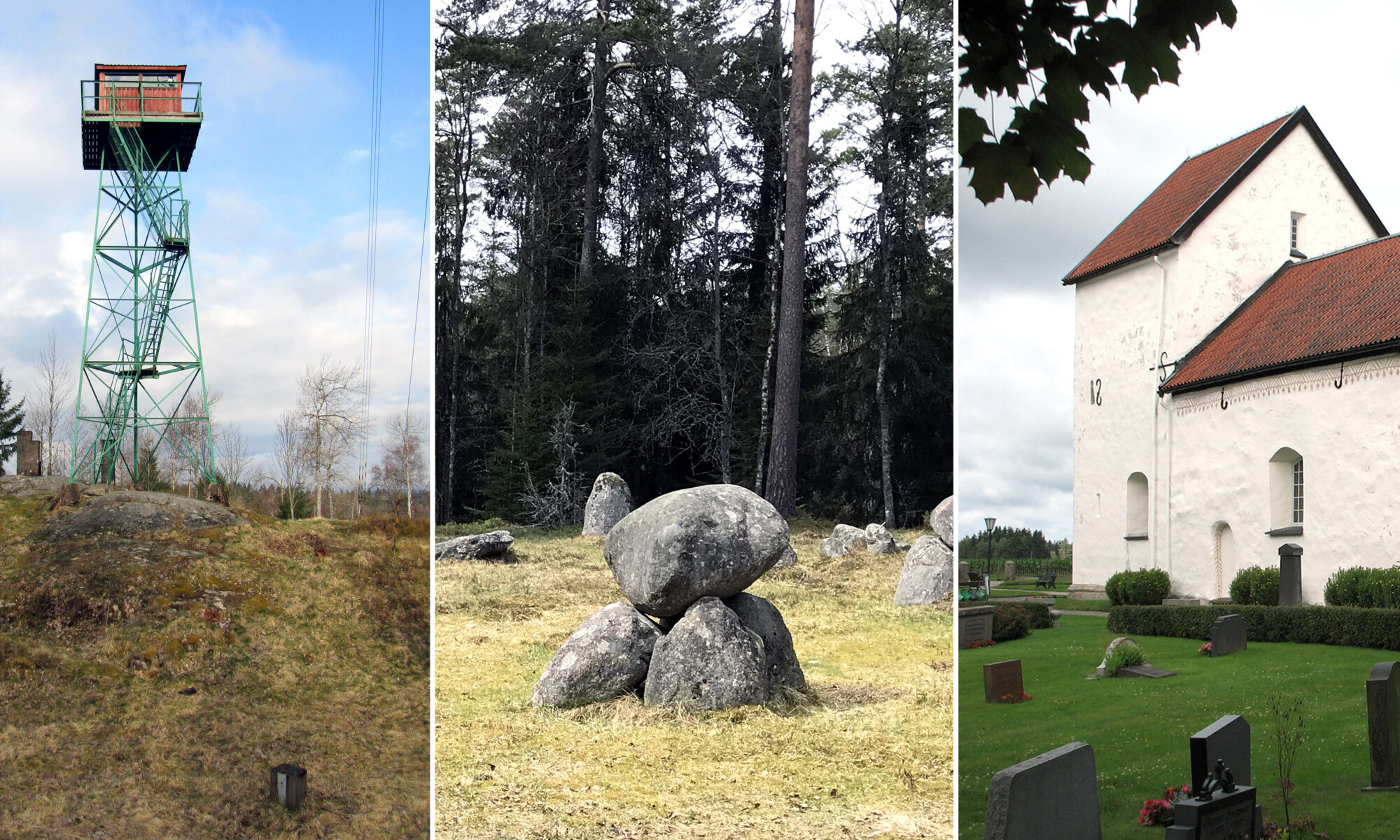 Ett collage av bilder som visar ett högt torn, en gravhög med stora stenar staplade på varandra, och en vit kyrkobyggnad med rödaktigt tak.